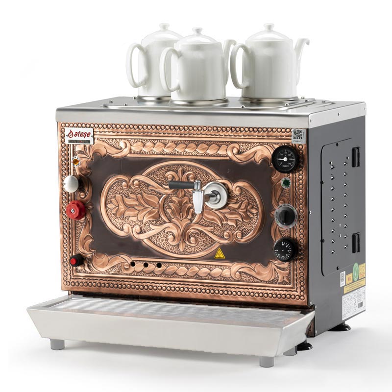 Ateşe Sümela Analog 3 Demlikli Çay Kazanı, Gaz+Elektrikli, Bakır — Ateşe