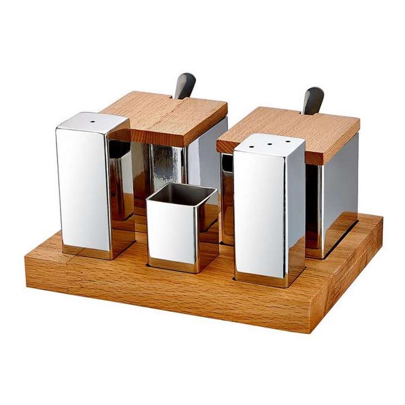 Biradlı GRV-48 Ahşap Standlı Kare Tuzluk Baharatlık Takımı, 5'li — Biradlı