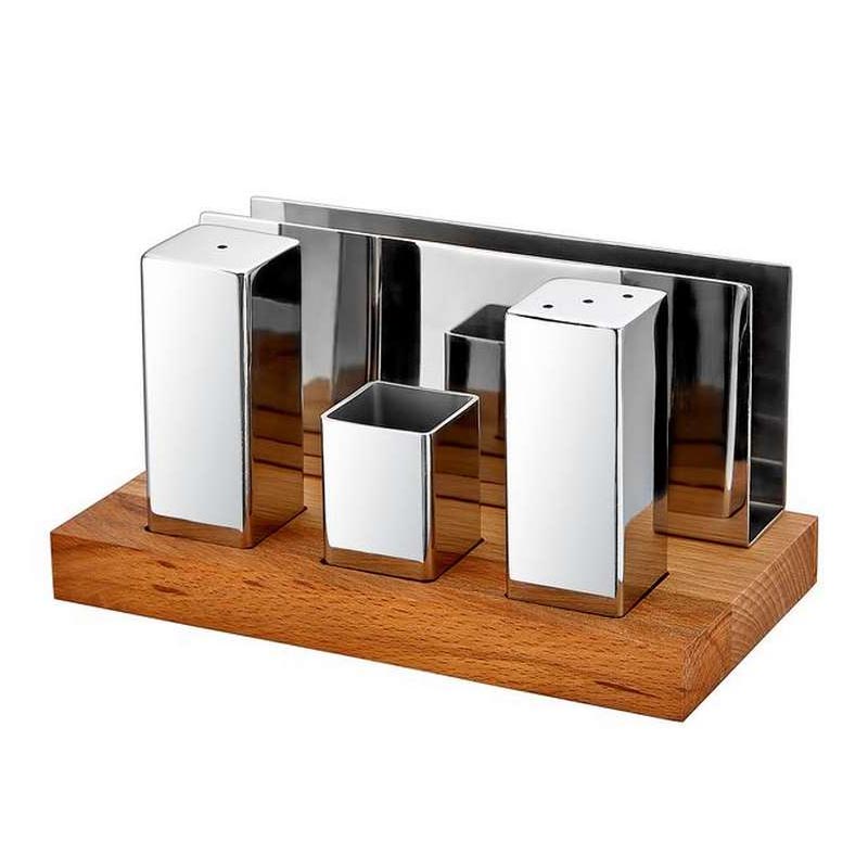 Biradlı GRV-51 Ahşap Standlı Kare Tuzluk Peçetelik Takımı, 4'lü — Biradlı