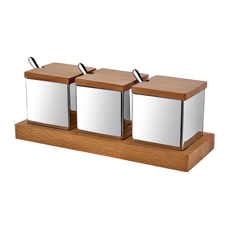Biradlı GRV-56 Ahşap Standlı Kare Baharatlık Takımı, 3'lü, Mat — Biradlı