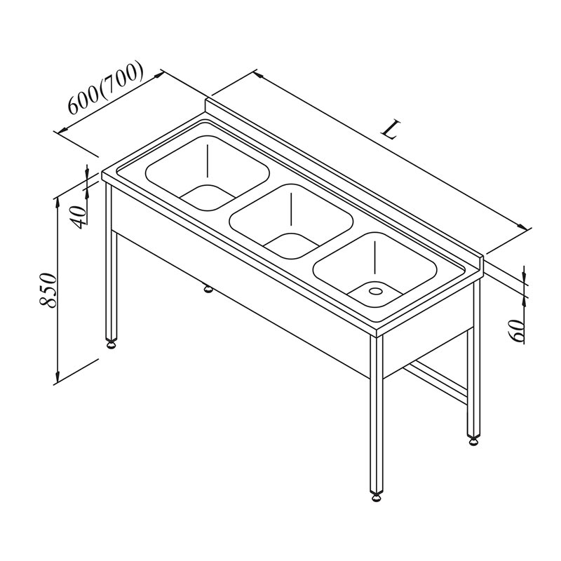 Öztiryakiler 3 Gözlü 3 Perdeli Evyeli Tezgah, 190x70 cm — Öztiryakiler