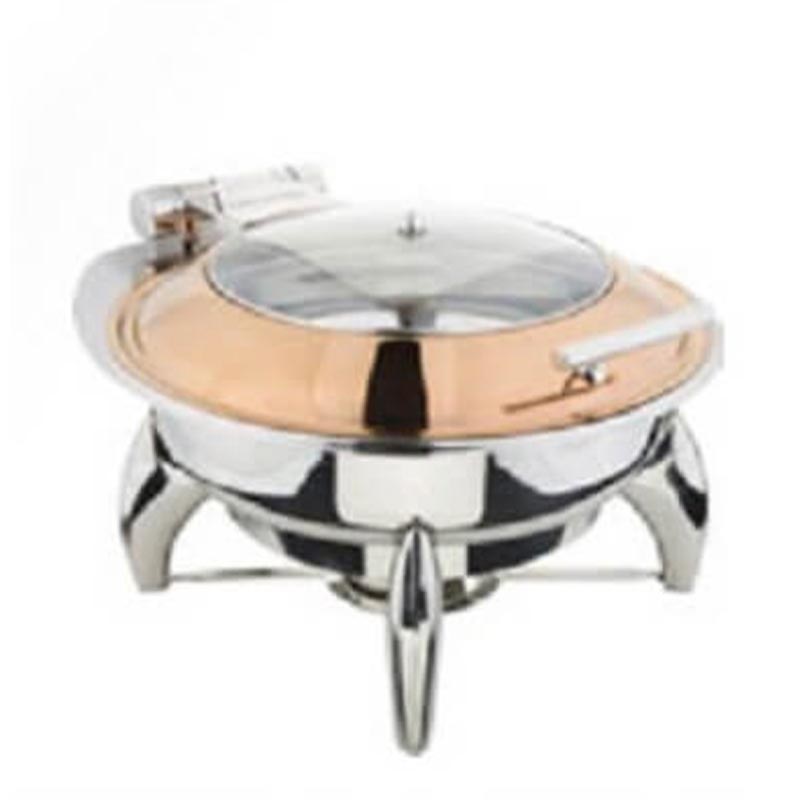 Öztiryakiler Ayaklı Dikdörtgen Cam Kapaklı Chafing Dish, GN 2/3, 6 L, Bakır, Jel Yakıtlı — Öztiryakiler