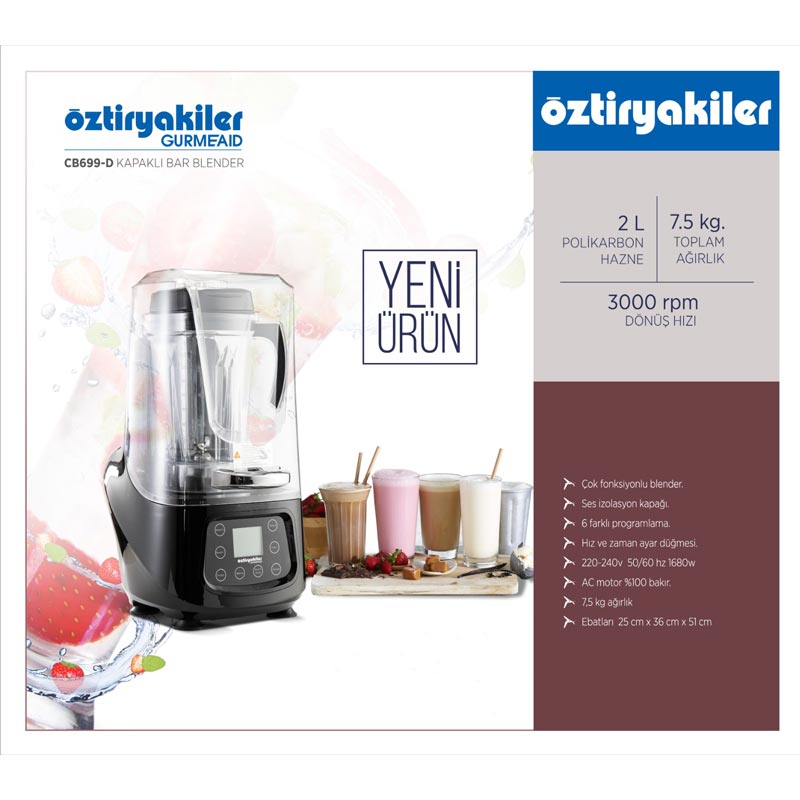 Öztiryakiler Gurmeaid CB699-D Gürültü Önleyici Kapaklı, Dijital Bar Blender, 2 L, 1680 W, Siyah — Öztiryakiler — Görsel 3