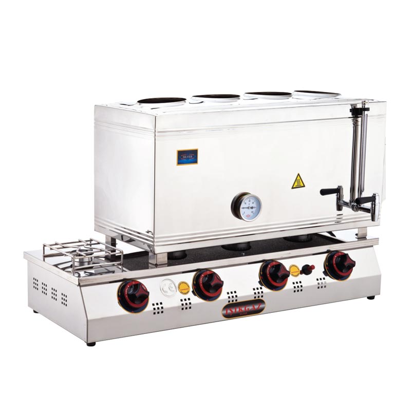 SilverInox 2067-D 85 Model Kaynaklı Çay Ocağı, Çift Taban, 4 Demlikli, 58 L, Doğalgazlı — SilverInox