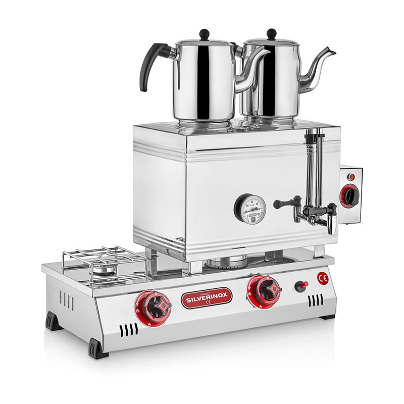 SilverInox 2100-D 40 Model Kaynaklı 2 Demlikli Çay Ocağı, Çift Taban, 28 L, Elektrikli + Doğalgazlı — SilverInox