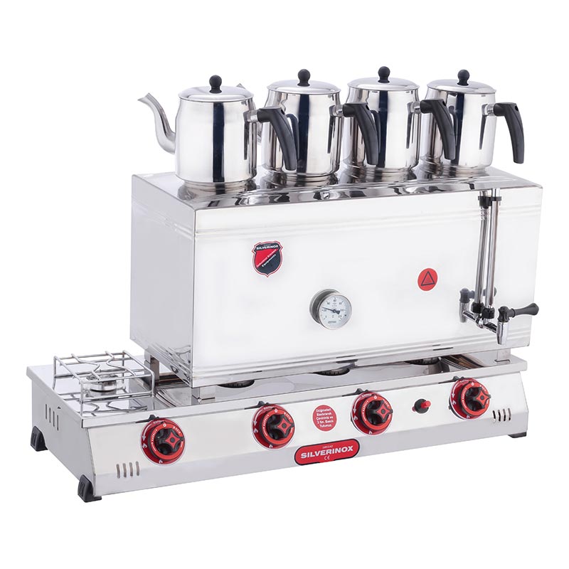 SilverInox 2102 85 Model Kaynaklı Çay Ocağı, Çift Taban, 4 Demlikli, 58 L, Elektrikli+LPG'li — SilverInox